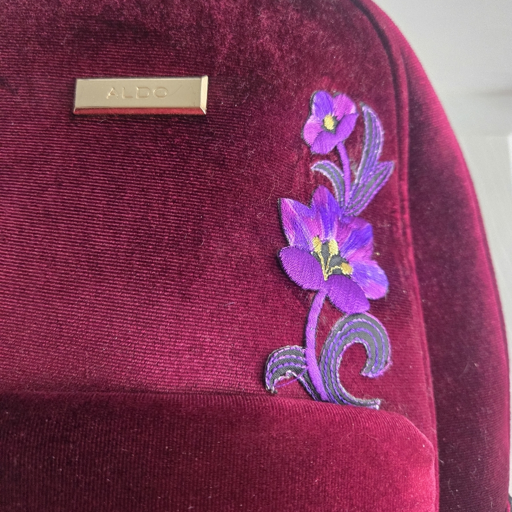Elegant Aldo Velvet Burgundy Backpack with Floral Embroidery - Picture 2 of 8